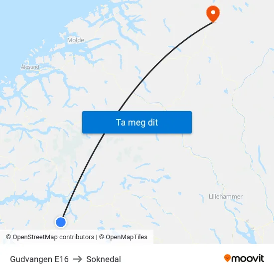 Gudvangen E16 to Soknedal map