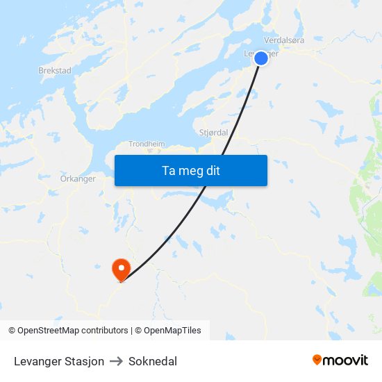 Levanger Stasjon to Soknedal map