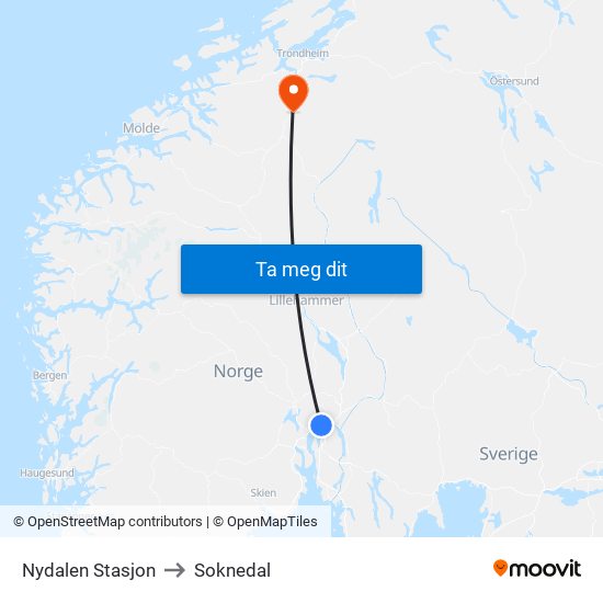 Nydalen Stasjon to Soknedal map