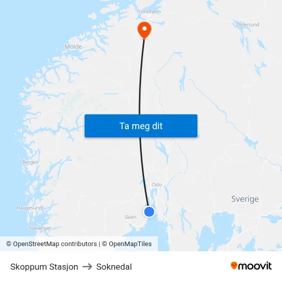 Skoppum Stasjon to Soknedal map