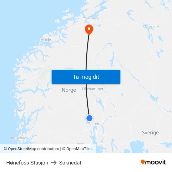 Hønefoss Stasjon to Soknedal map