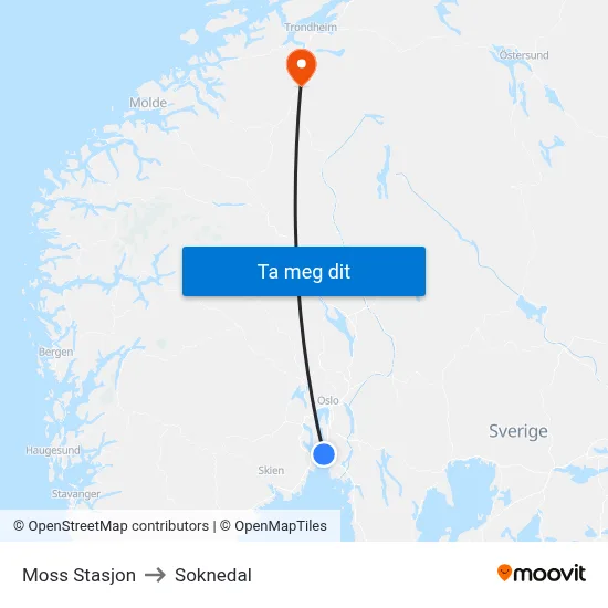 Moss Stasjon to Soknedal map