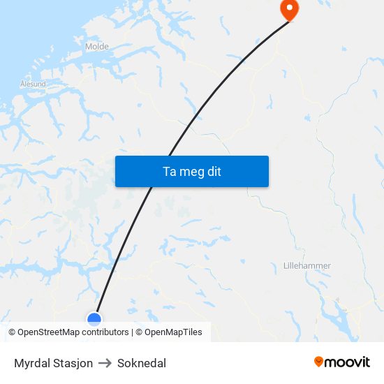 Myrdal Stasjon to Soknedal map