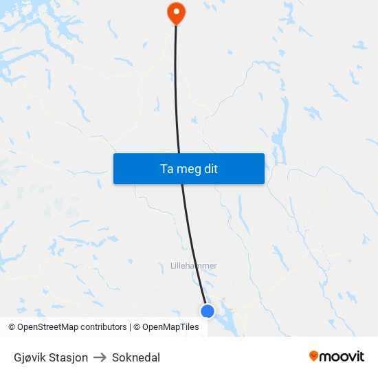 Gjøvik Stasjon to Soknedal map