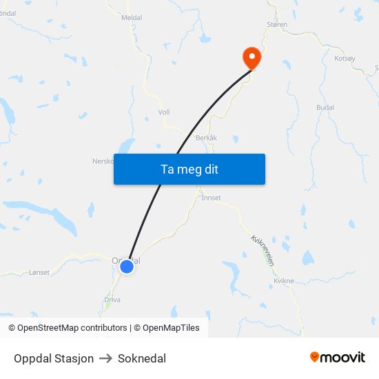 Oppdal Stasjon to Soknedal map