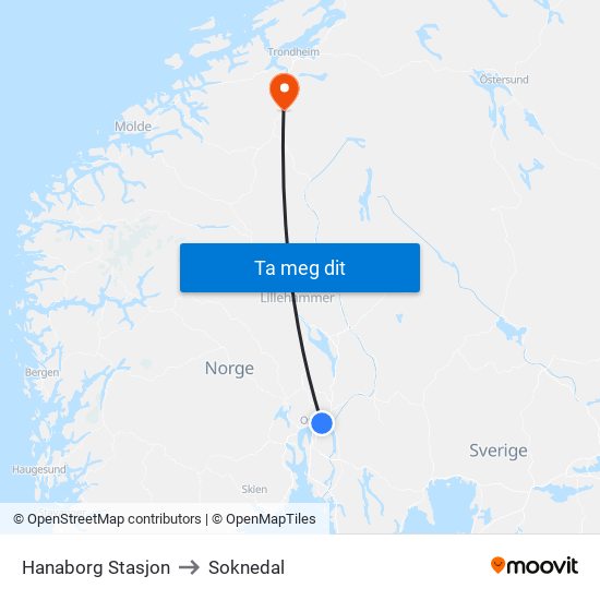 Hanaborg Stasjon to Soknedal map