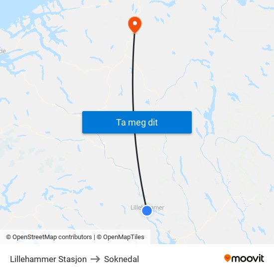 Lillehammer Stasjon to Soknedal map