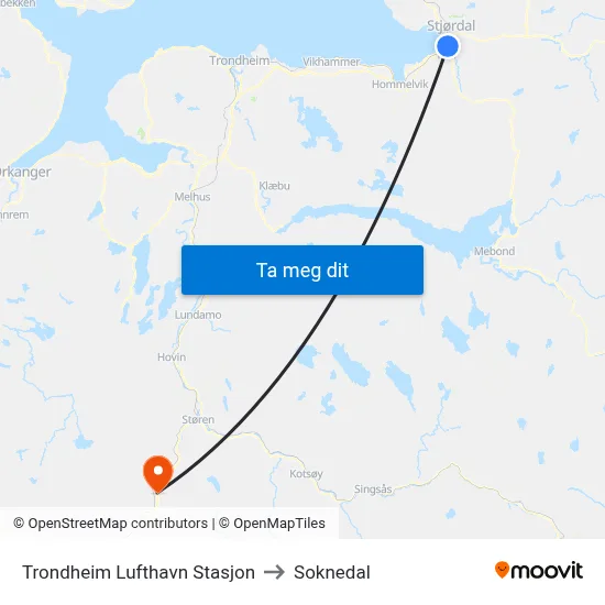 Trondheim Lufthavn Stasjon to Soknedal map