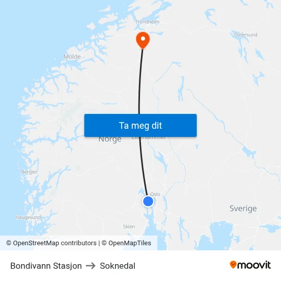 Bondivann Stasjon to Soknedal map