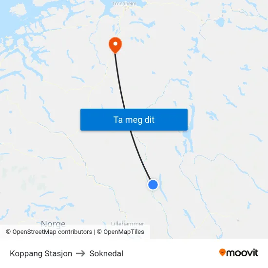 Koppang Stasjon to Soknedal map