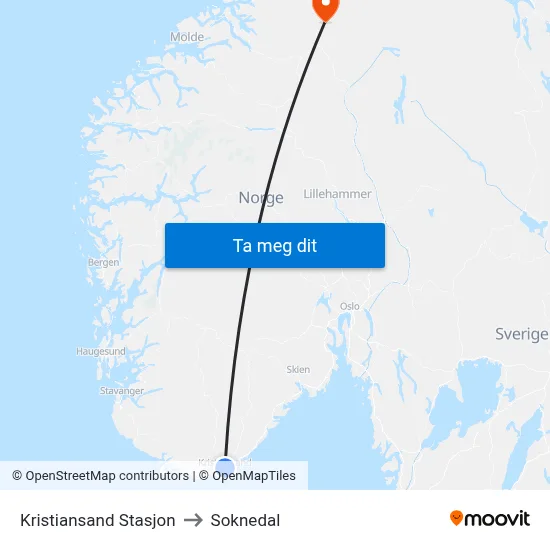 Kristiansand Stasjon to Soknedal map