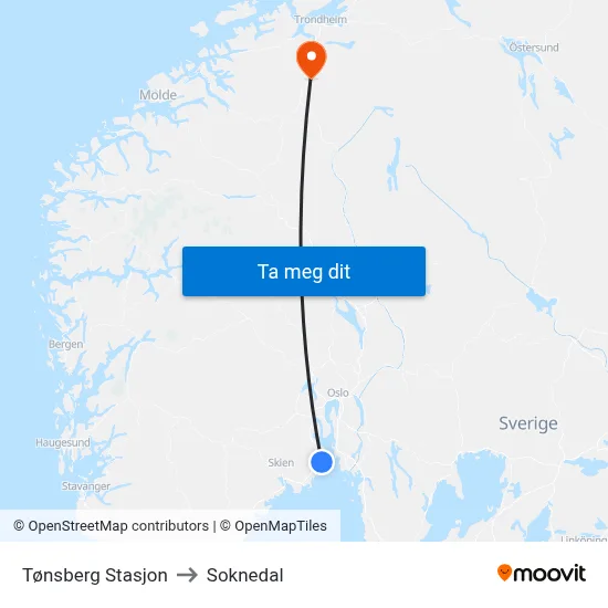 Tønsberg Stasjon to Soknedal map