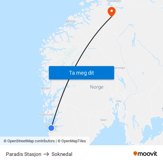 Paradis Stasjon to Soknedal map