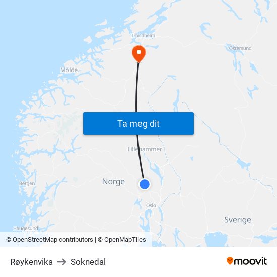 Røykenvika to Soknedal map