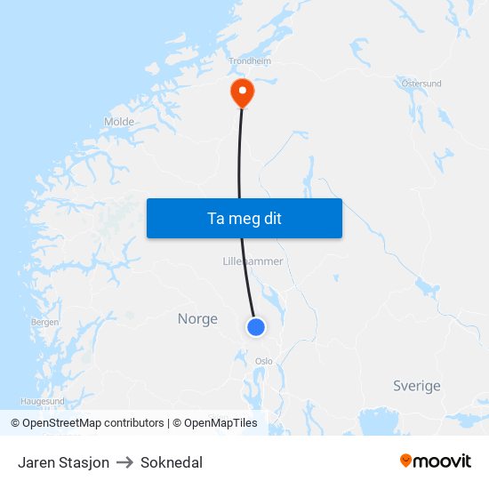 Jaren Stasjon to Soknedal map