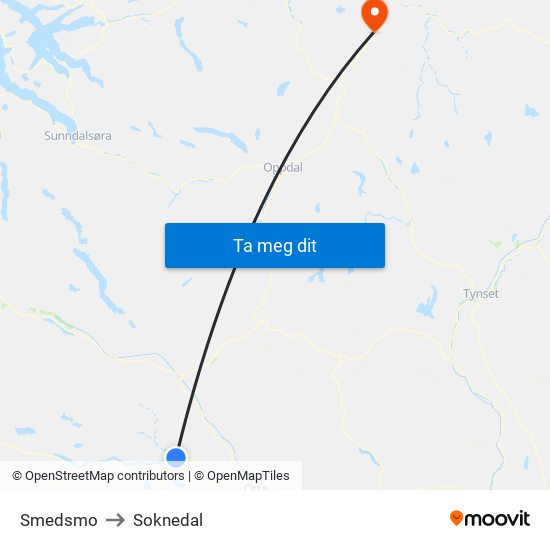 Smedsmo to Soknedal map