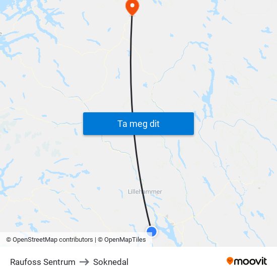 Raufoss Sentrum to Soknedal map