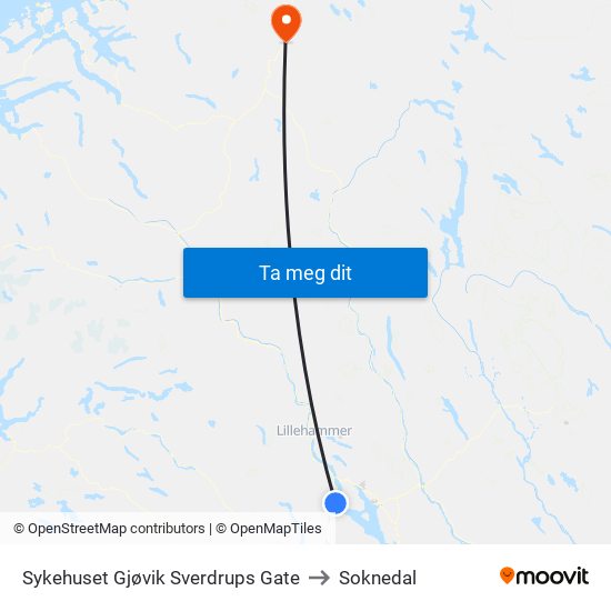 Sykehuset Gjøvik Sverdrups Gate to Soknedal map