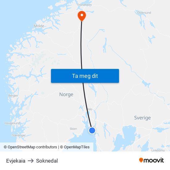 Evjekaia to Soknedal map