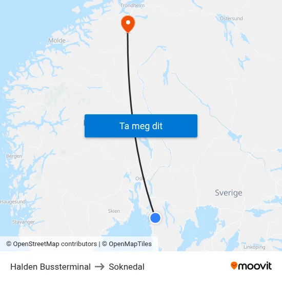 Halden Bussterminal to Soknedal map