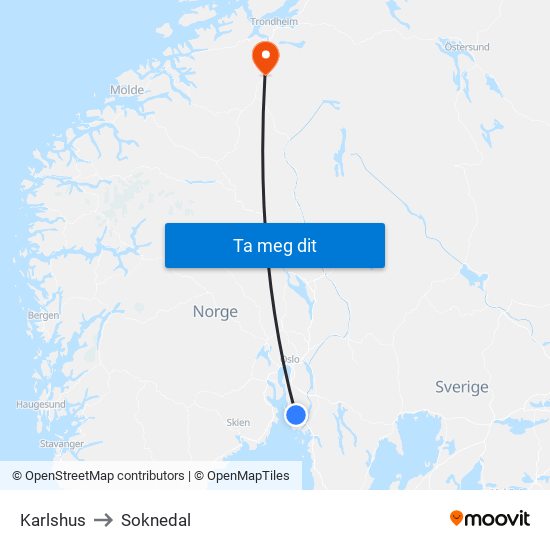 Karlshus to Soknedal map