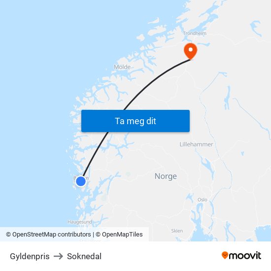 Gyldenpris to Soknedal map