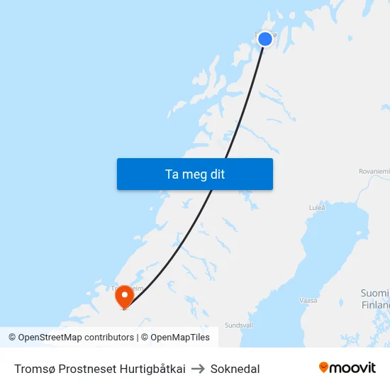 Tromsø Prostneset Hurtigbåtkai to Soknedal map