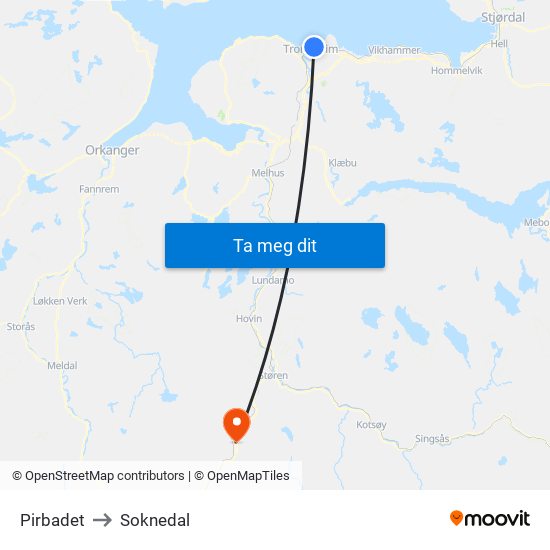 Pirbadet to Soknedal map