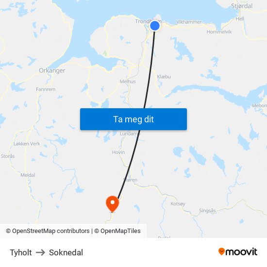 Tyholt to Soknedal map