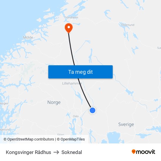 Kongsvinger Rådhus to Soknedal map