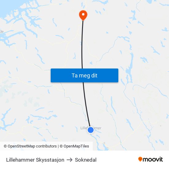 Lillehammer Skysstasjon to Soknedal map