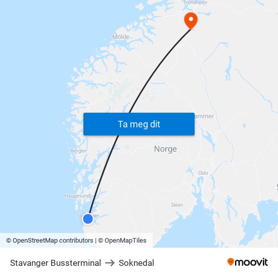 Stavanger Bussterminal to Soknedal map