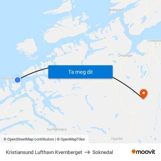 Kristiansund Lufthavn Kvernberget to Soknedal map