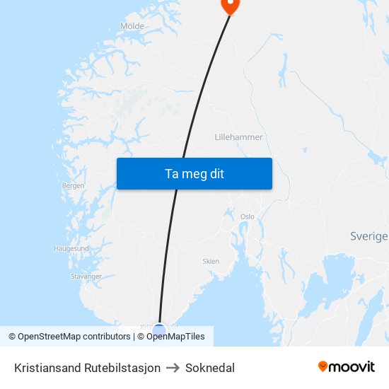Kristiansand Rutebilstasjon to Soknedal map