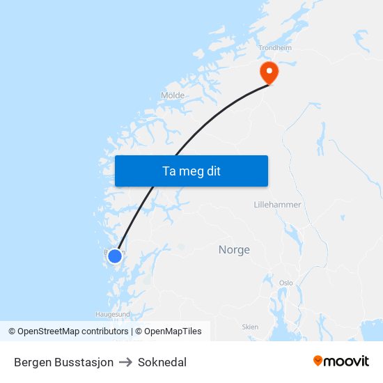 Bergen Busstasjon to Soknedal map