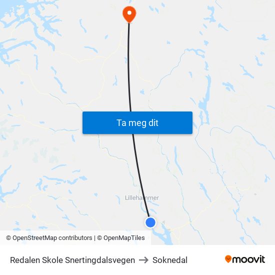 Redalen Skole Snertingdalsvegen to Soknedal map