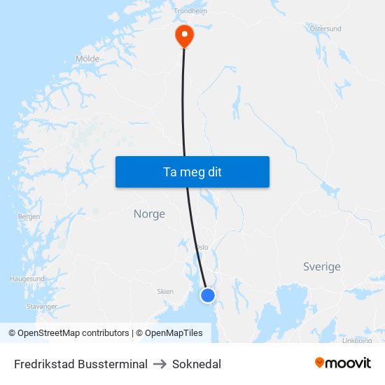 Fredrikstad Bussterminal to Soknedal map