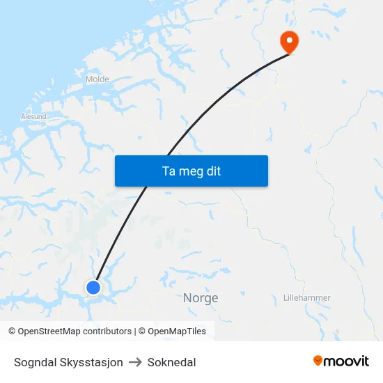 Sogndal Skysstasjon to Soknedal map
