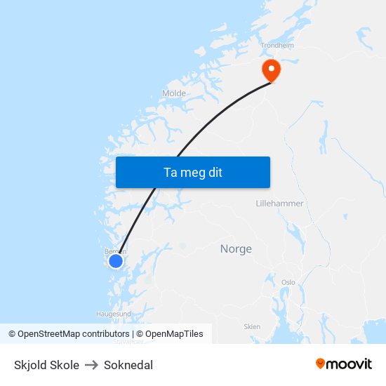 Skjold Skole to Soknedal map