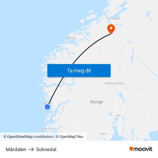 Mårdalen to Soknedal map