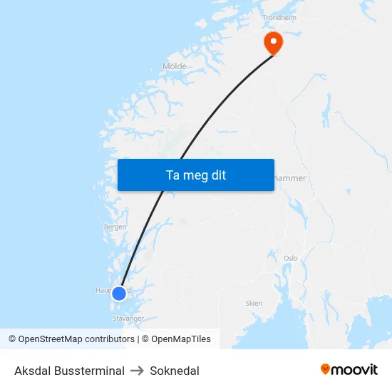 Aksdal Bussterminal to Soknedal map