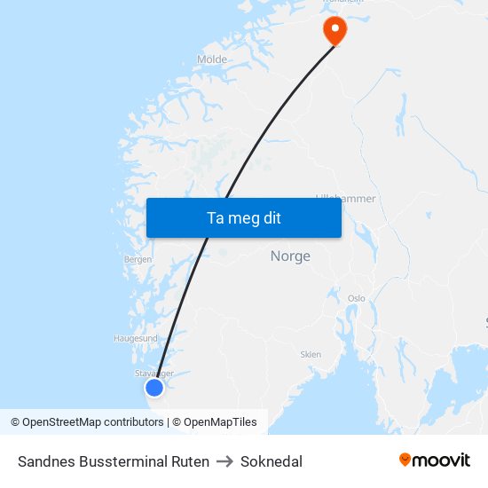 Sandnes Bussterminal Ruten to Soknedal map