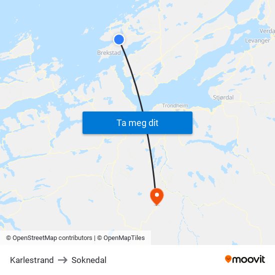 Karlestrand to Soknedal map