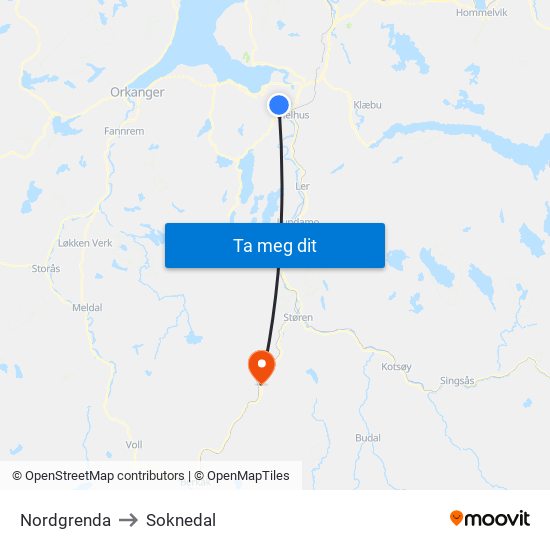 Nordgrenda to Soknedal map