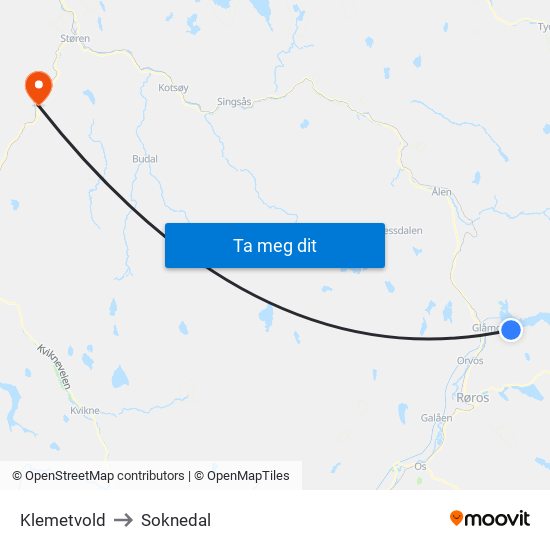 Klemetvold to Soknedal map