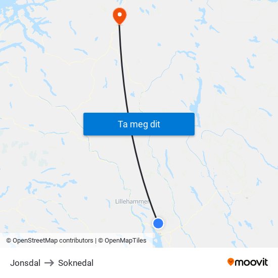 Jonsdal to Soknedal map