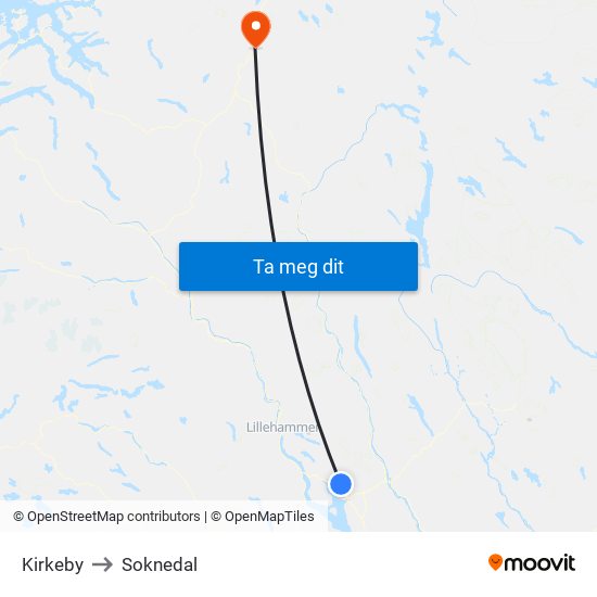 Kirkeby to Soknedal map