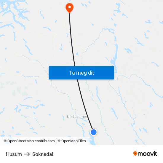 Husum to Soknedal map