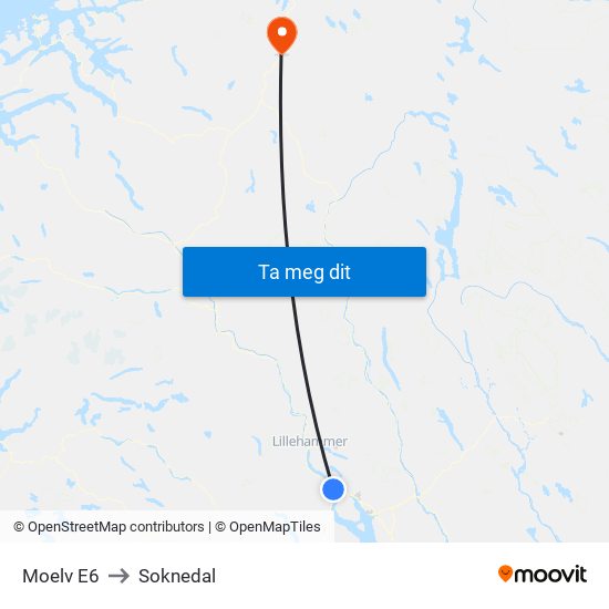 Moelv E6 to Soknedal map