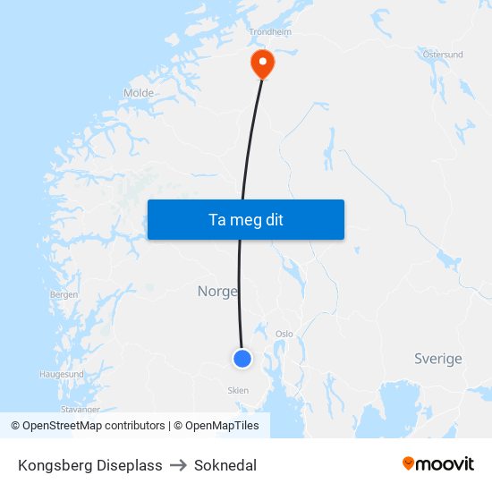 Kongsberg Diseplass to Soknedal map